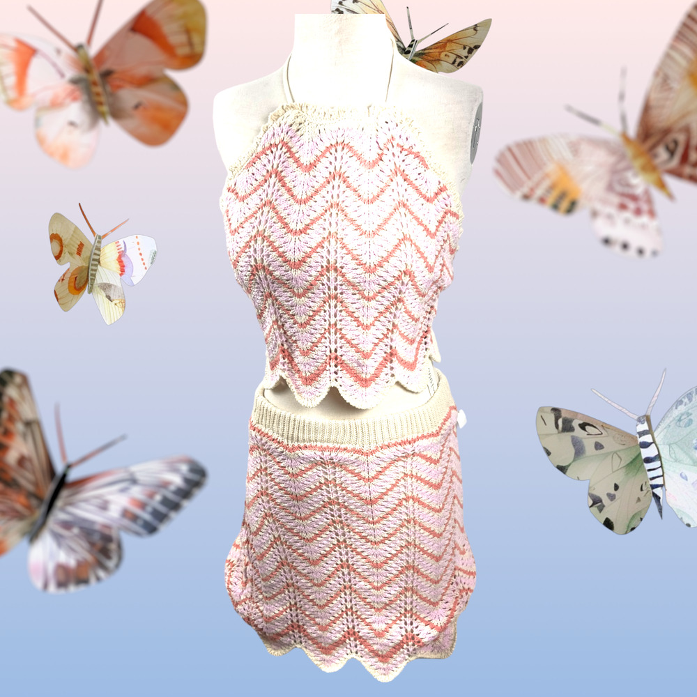 Women’s Crochet 2 Piece Set Skirt Cropped Top Backless Pink Orange Beige New WT - Picture 2 of 16